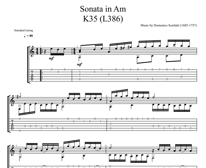 Domenico Scarlatti - Sonata in A minor K35 L386 sheet music for guitar
